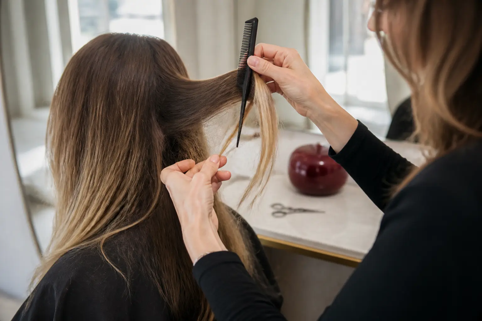 Coiffeur examinant une mèche avant de désépaissir les cheveux dans un salon parisien lumineux, ciseaux fermés.
