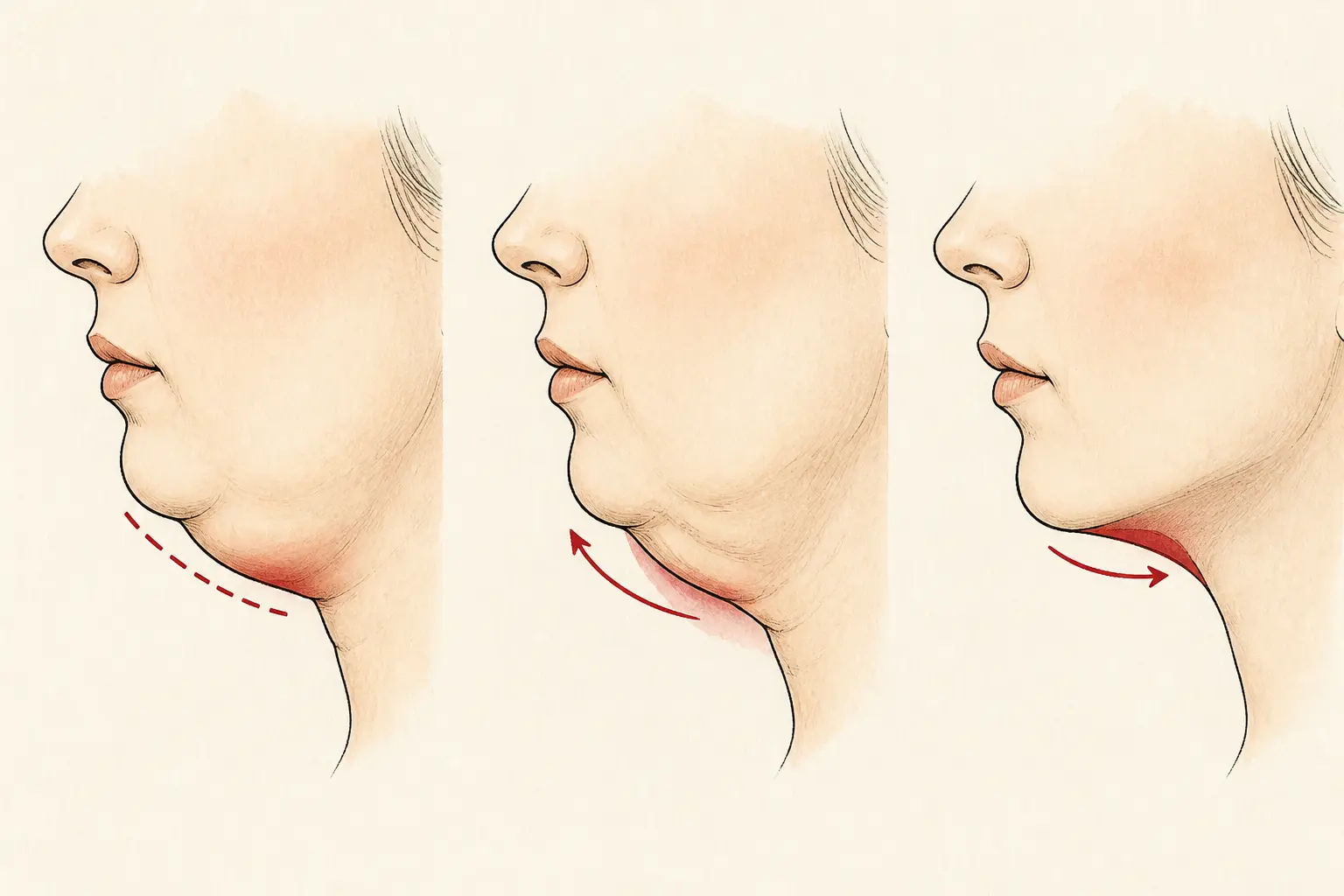Schéma médical en triptyque montrant trois causes du double menton : graisse, peau relâchée et menton fuyant