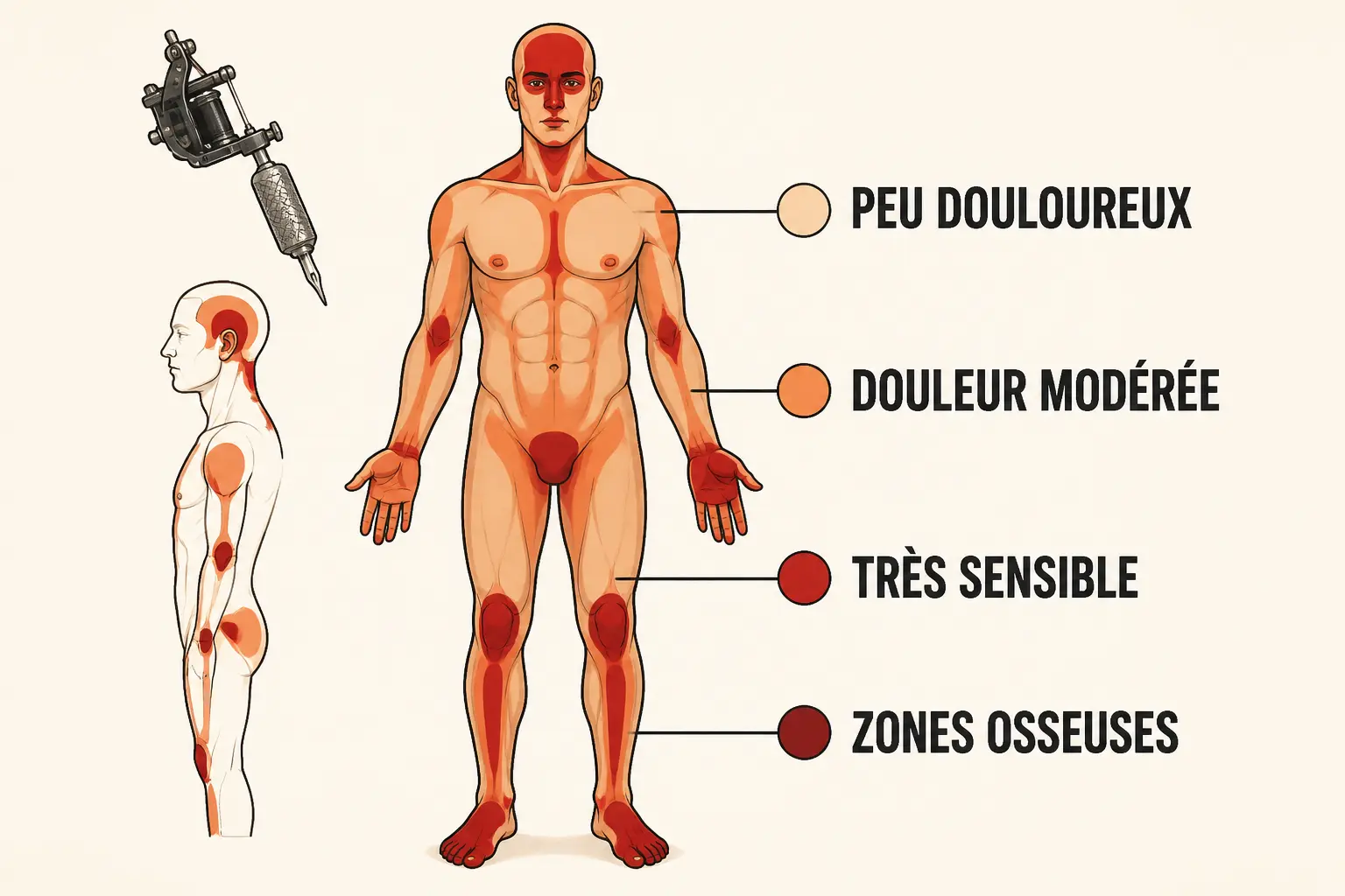 Infographie médicale de la douleur tatouage : carte du corps humain avec zones peu douloureuses, modérées, très sensibles et osseuses, en rouge et noir.