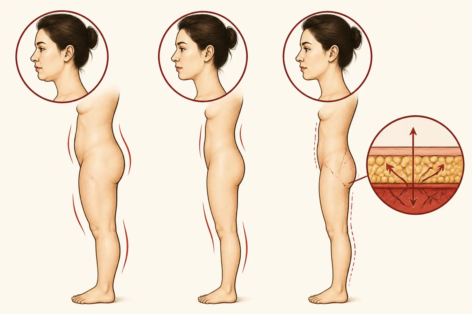 Drainage lymphatique avant après : infographie comparant visage, jambes et taille, avec baisse du gonflement et graisse inchangée