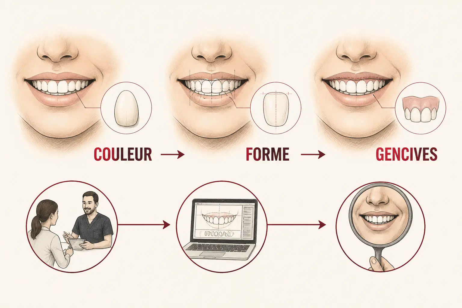 Infographie d’esthétique dentaire montrant un sourire harmonieux : couleur, forme, gencives, avec consultation et planification.