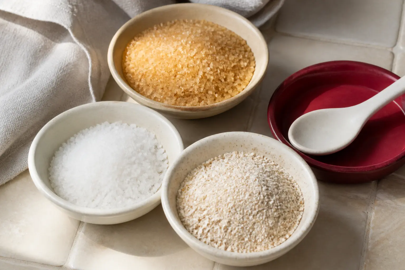 Gommage corps maison : bols de sucre, sel et avoine sur un plan de salle de bain, textures naturelles comparées.