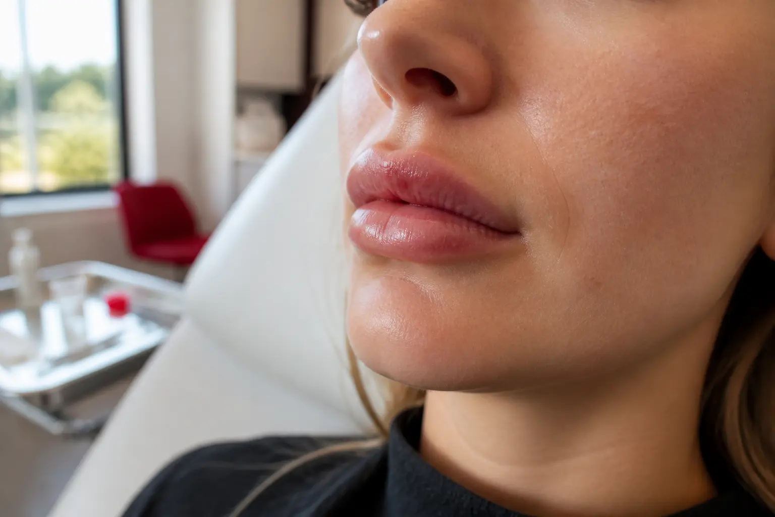 Injection lèvre 1 ml avant après : gros plan des lèvres juste après injection, léger gonflement et contour défini en clinique esthétique.