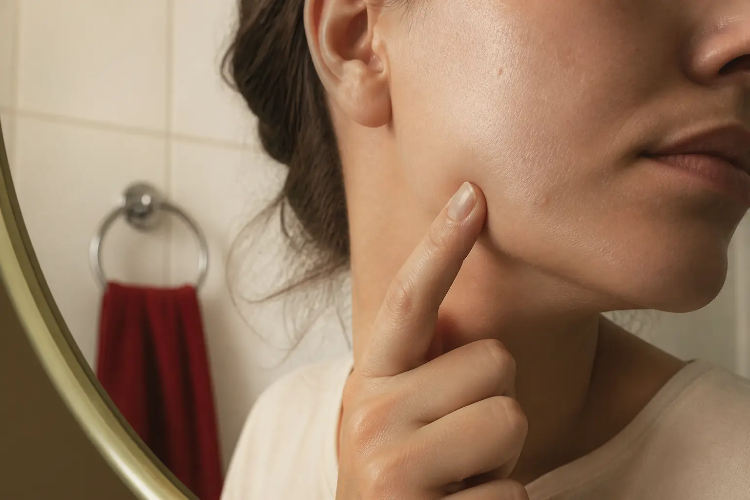 Microkyste visage sur la joue, petit relief sous-cutané sans rougeur, doigt le palpant devant un miroir de salle de bain.