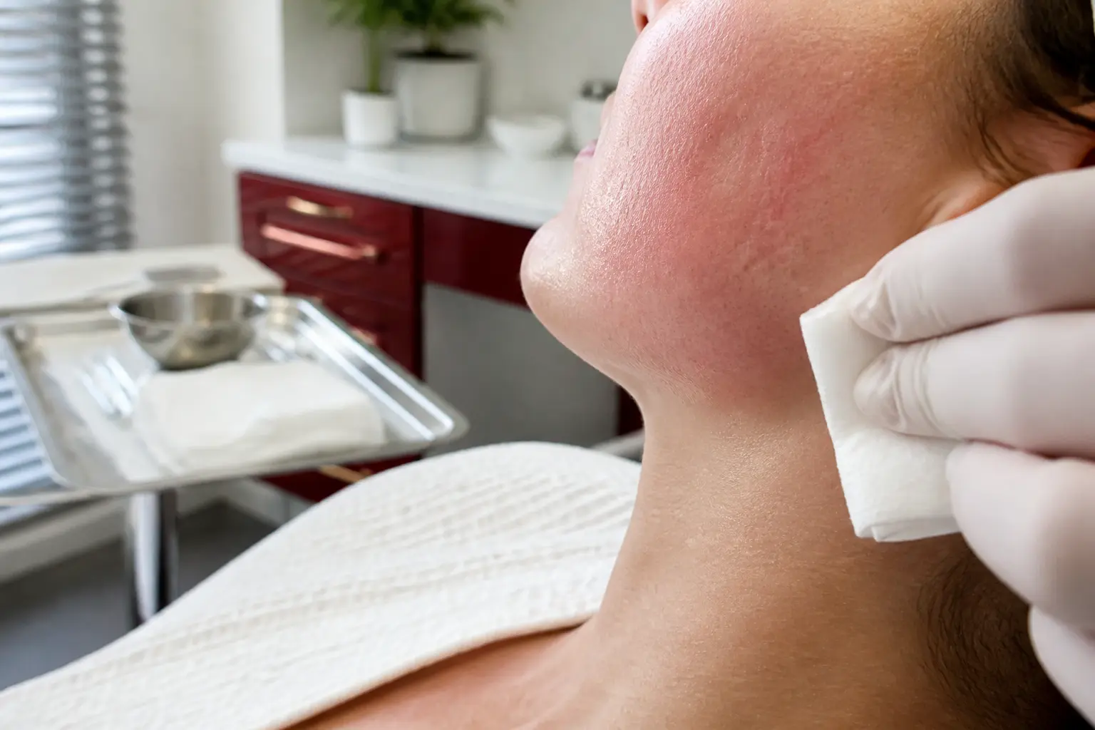 Microneedling avant après : joue et mâchoire rosées après séance, main gantée et clinique en arrière-plan.