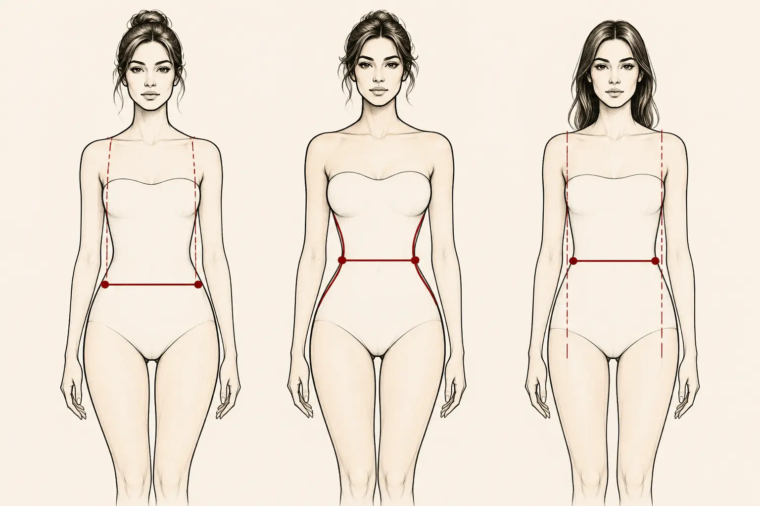 Illustration de morphologie en 8 comparée à une silhouette A et H, trois corps féminins stylisés sur fond ivoire.