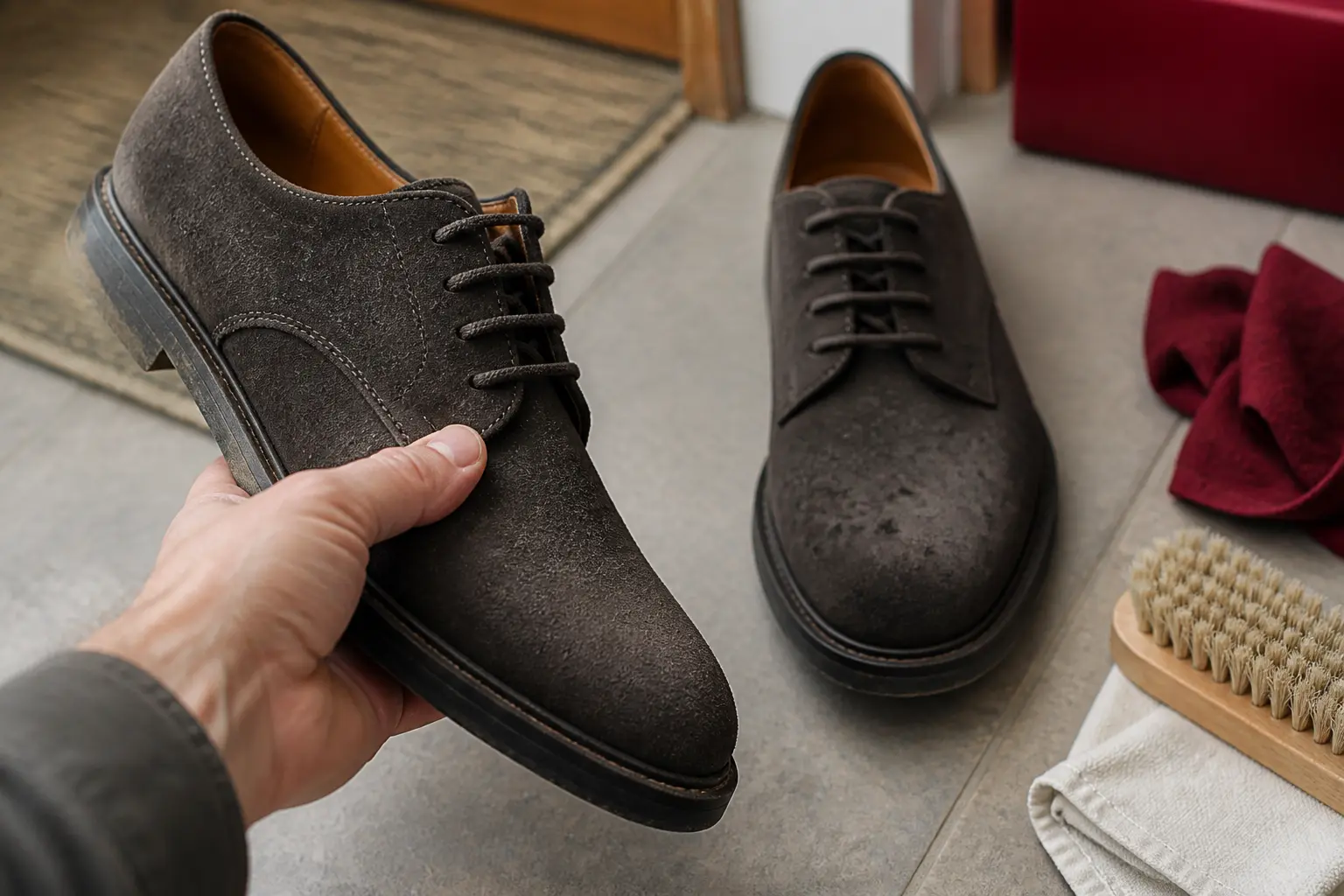 Avant de nettoyer chaussures en daim, inspection d’une paire avec brosse, chiffon sec et tache d’eau légère.