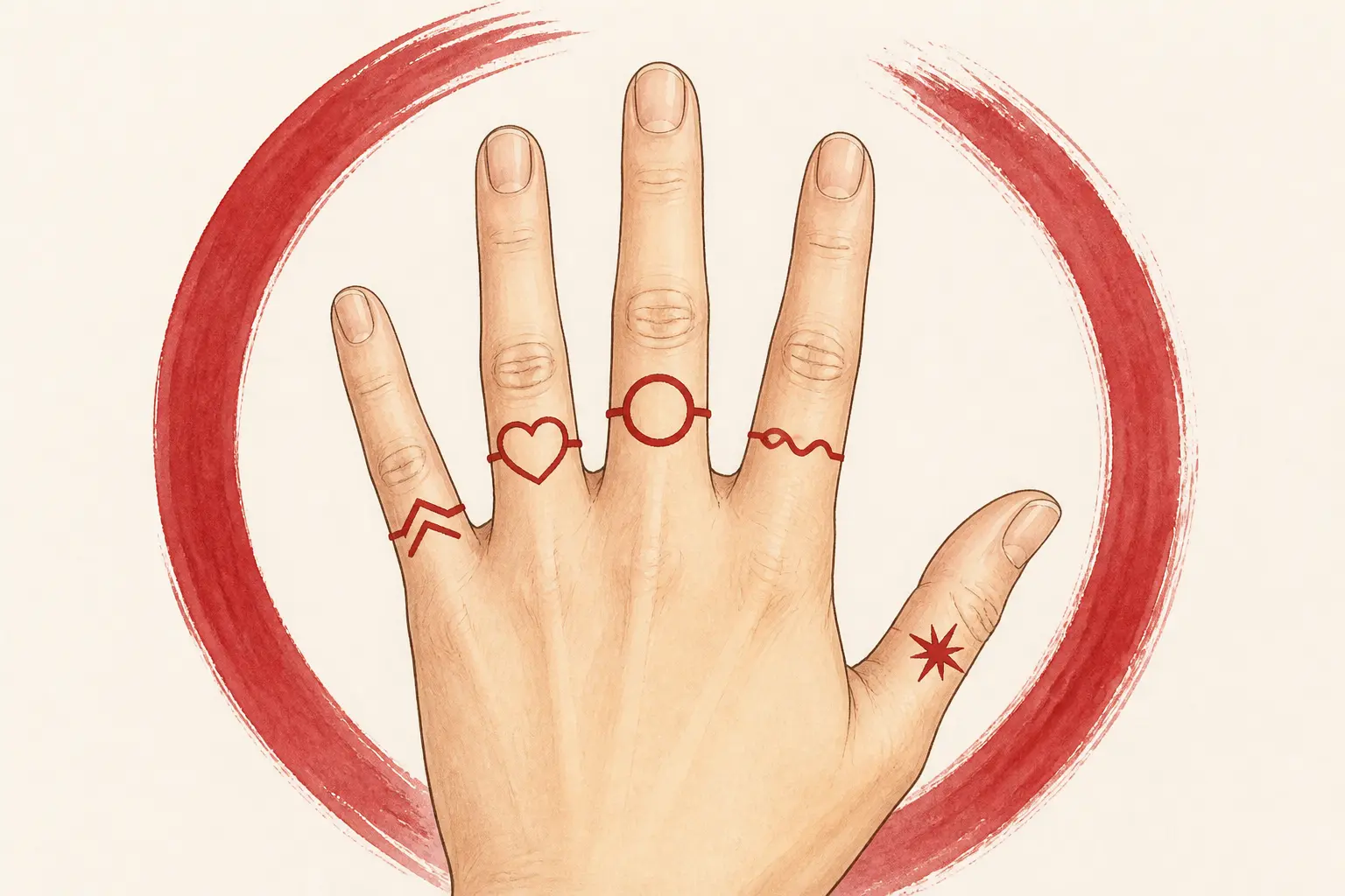 Main ouverte vue du dessus, bagues par doigt pour illustrer la signification bague doigt, style infographie minimaliste