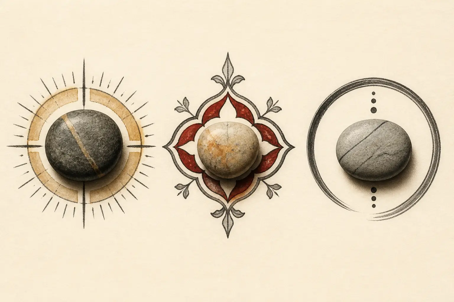 Signification pierre : trois pierres polies, symboles anciens, médiévaux et modernes de protection, amour et sagesse