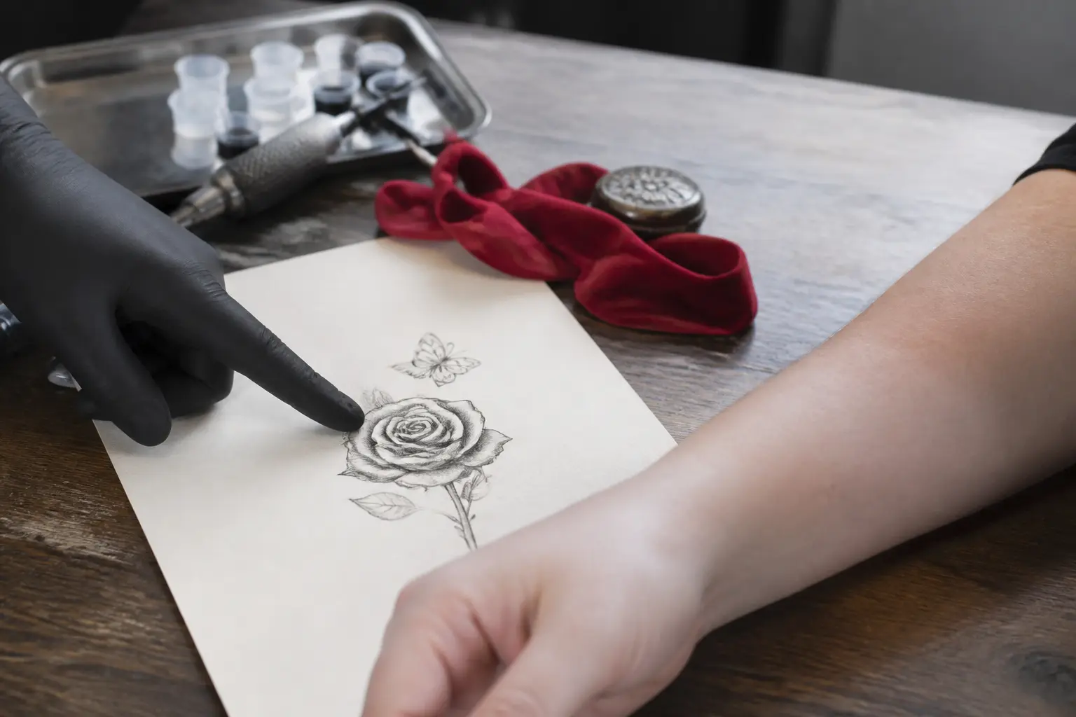 Tatouage deuil : consultation en studio, croquis commémoratif et avant-bras du client sous une main gantée