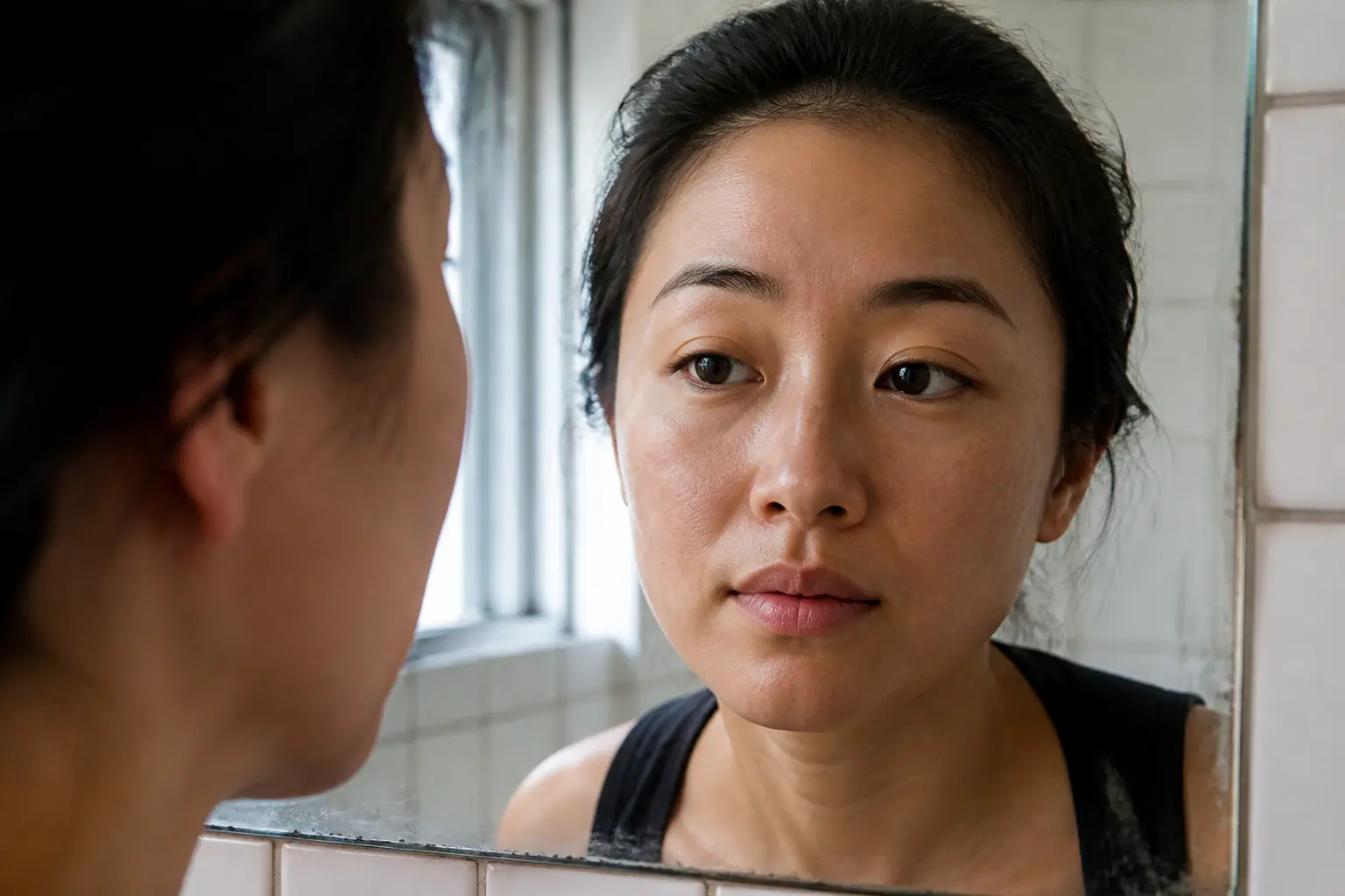 Visage symétrique observé dans un miroir de salle de bain, avec légère asymétrie naturelle et lumière douce du jour
