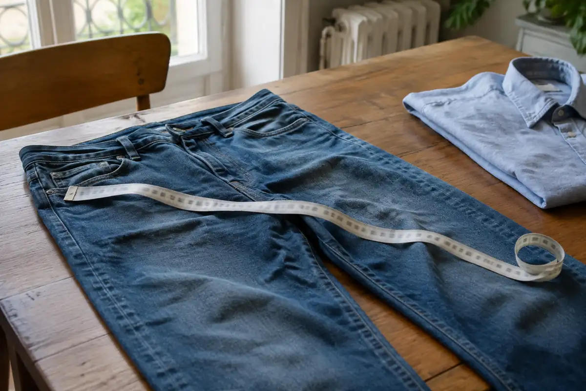 Mètre ruban de couturière posé sur un jean à plat, sur une table en bois