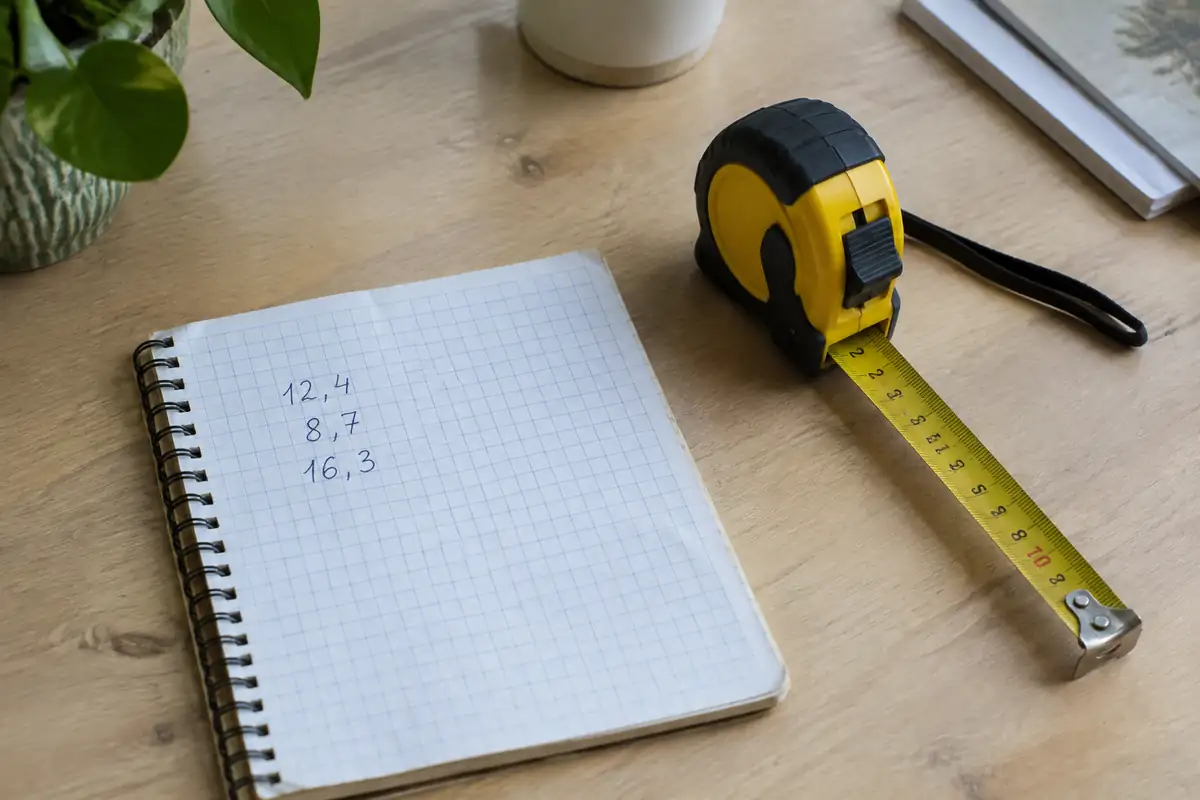 Carnet de notes avec trois lignes de chiffres et un mètre ruban sur un bureau clair