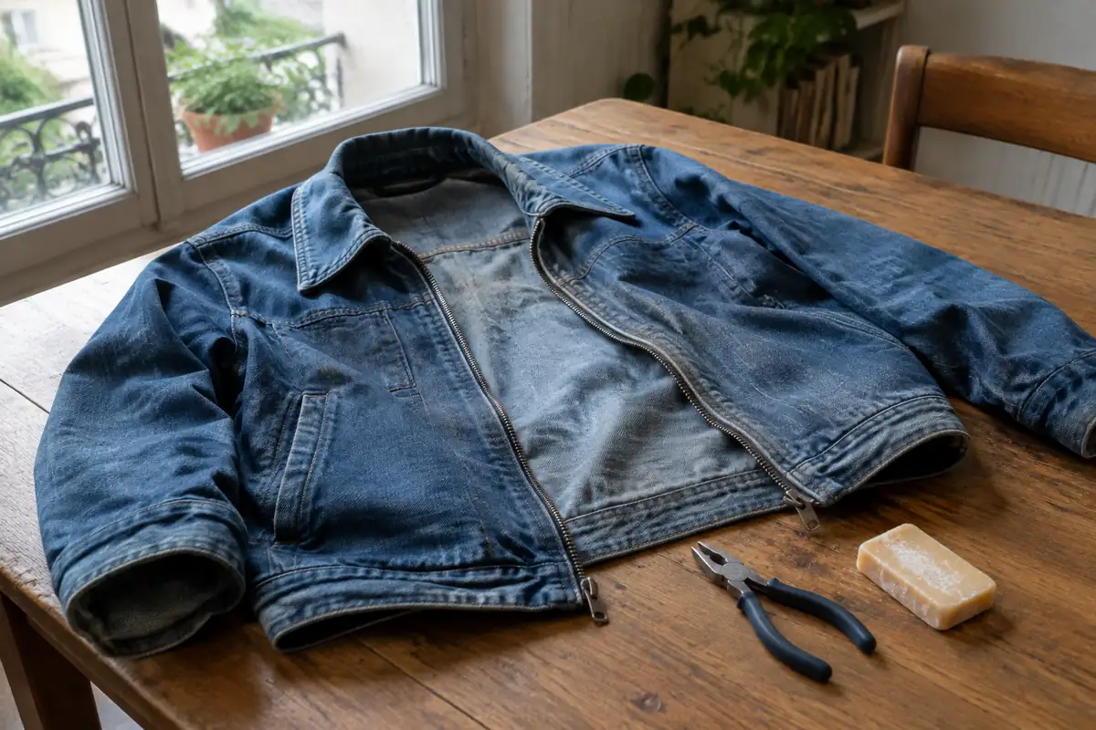 Veste en jean avec une fermeture éclair à moitié ouverte et une pince plate