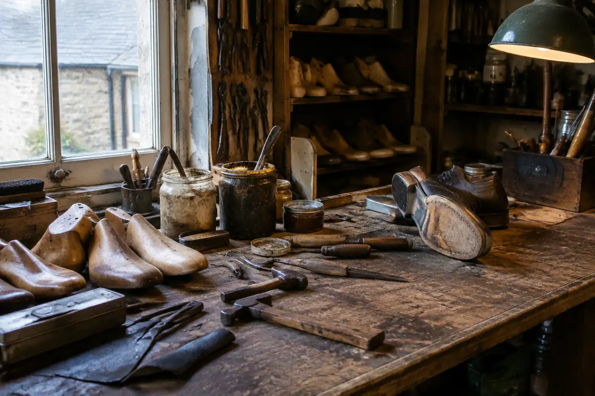 Établi de cordonnier avec formes en bois et chaussures en réparation
