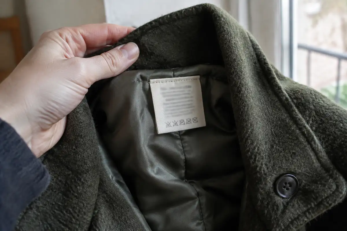 Main qui écarte le col d'une veste en laine pour montrer l'étiquette d'entretien cousue à l'intérieur