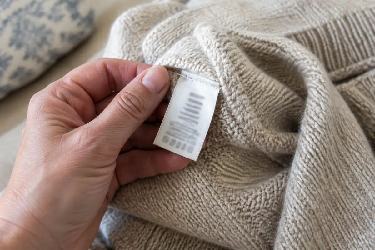 Main tenant l'étiquette de composition cousue dans un pull en laine
