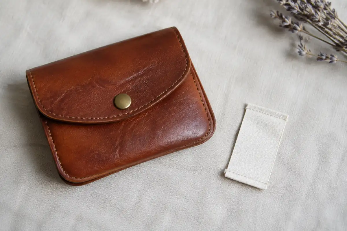 Petit sac en cuir près d'une étiquette de tissu vierge, sur une surface neutre