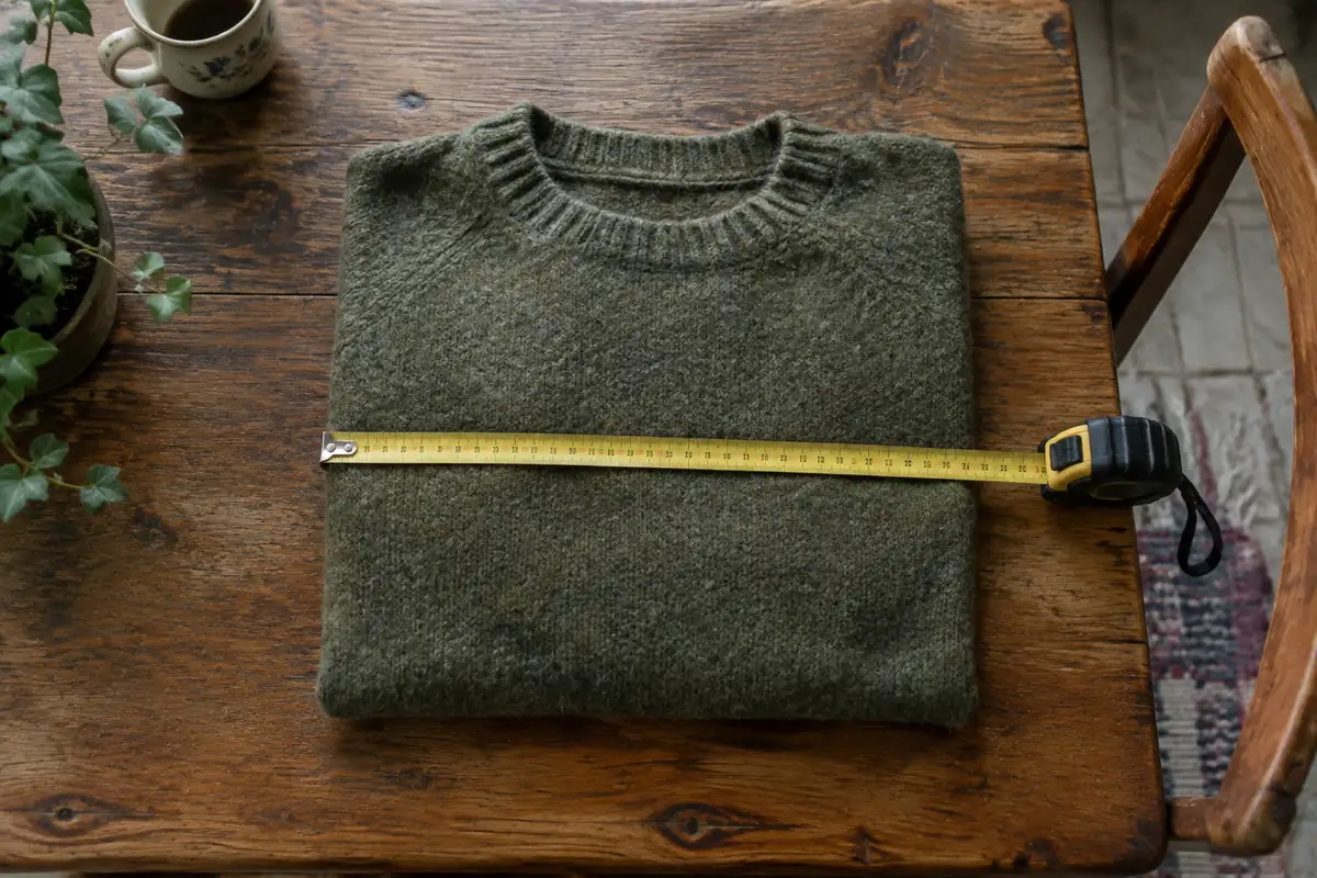 Pull plié et mètre ruban posés sur une table