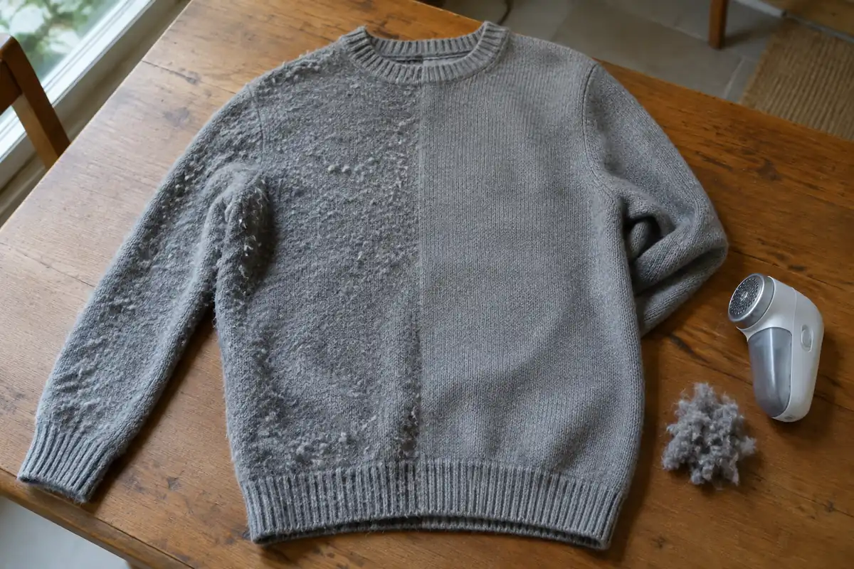 Pull à plat à moitié débarrassé de ses bouloches, rasoir anti-bouloches à côté