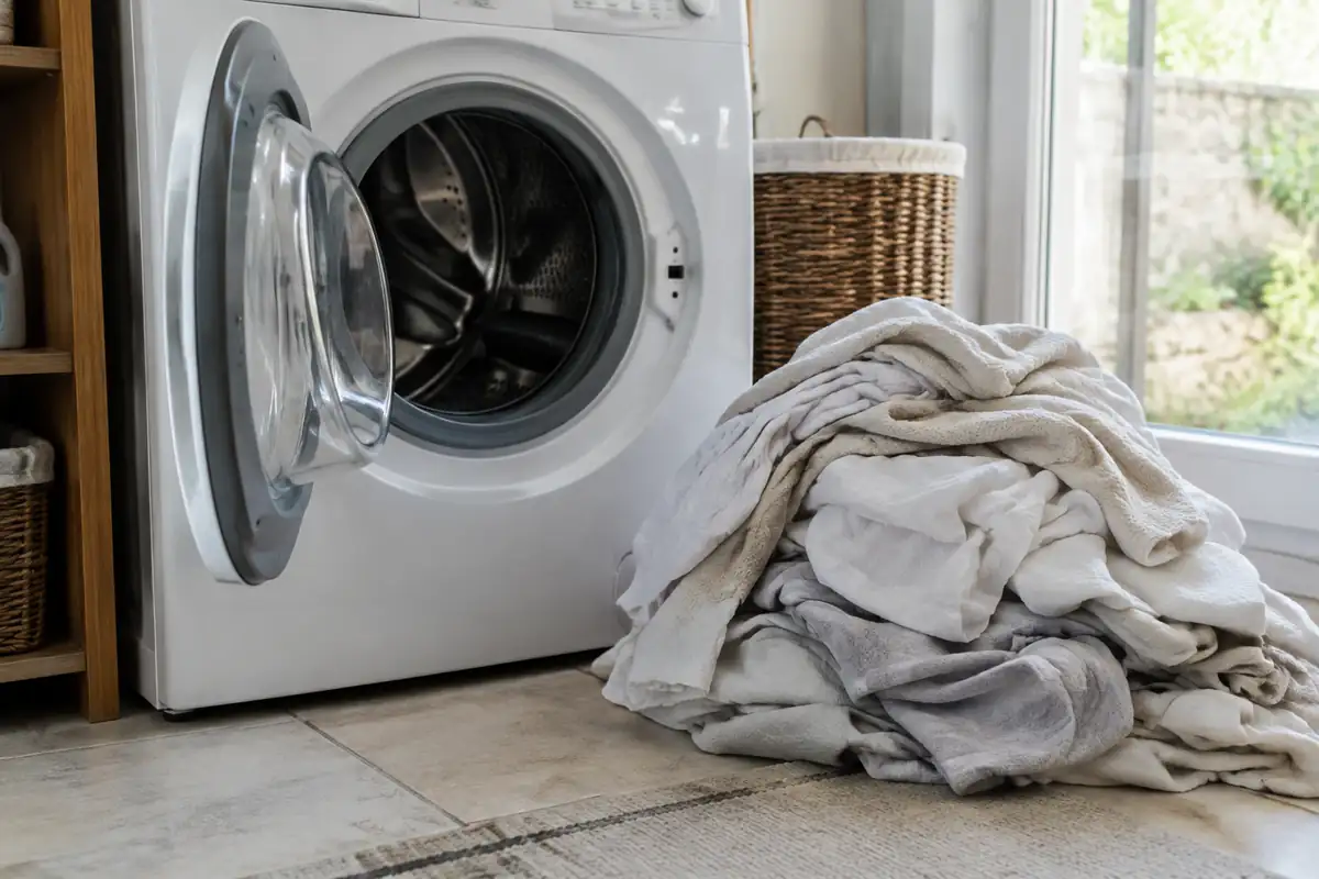 Tambour de machine à laver ouvert avec une pile de linge clair à côté